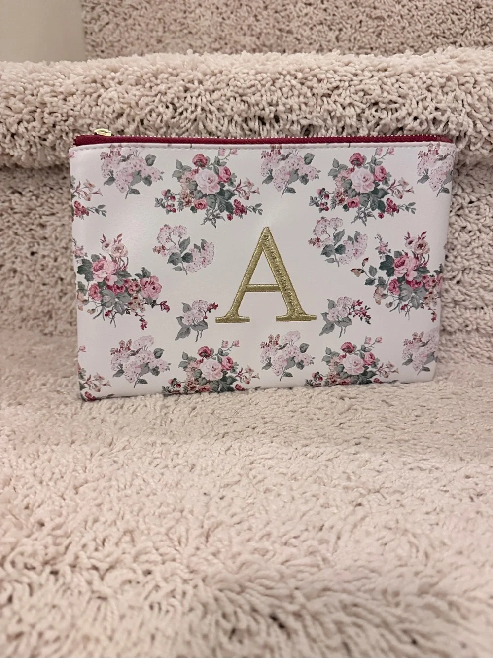 Laura Ashley Cream Floral Cosmetic Pouch with Gold 'A' Monogram